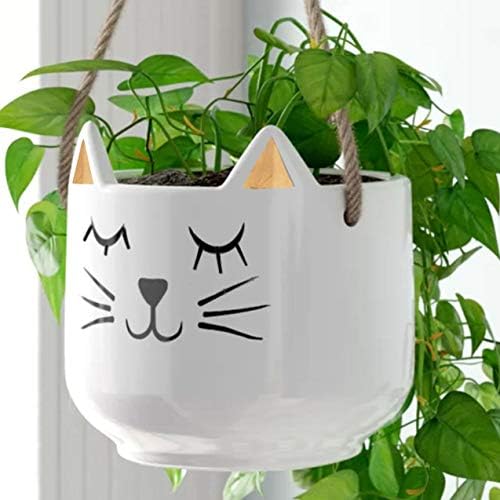 Planter for Succulent Plant Ceramic Plant Pots Indoor, Novelty Planters for Home Office Garden (White Cat w Gold Ears, Hanging, 2) - Image 6