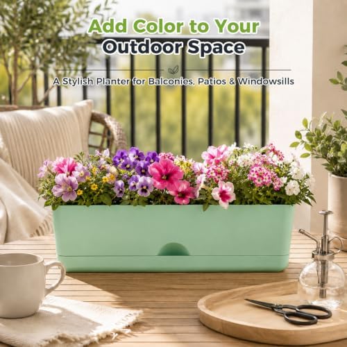 6 Pack Rectangle Planter 16x4.4 Inch Window Boxes Planters Rectangular Window Sill Planters Indoor Self Watering Plant Pots with Drainage Holes and Saucers Succulent Herb Flower Pots, Green - Image 5
