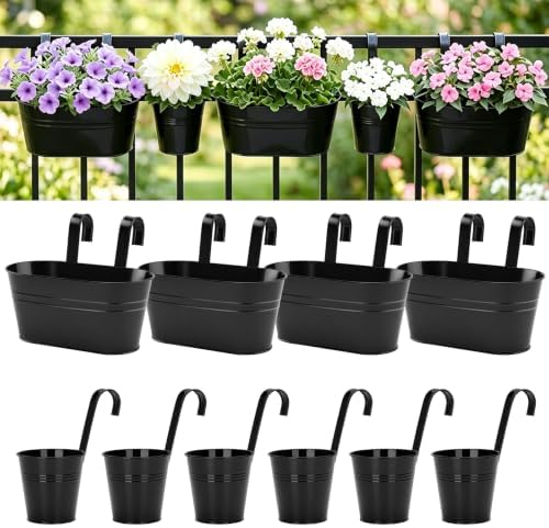 KINGLAKE Flower Pots,10 Pcs Metal Iron Hanging Flower Plant Pot Balcony Garden Plant Planter Baskets Fence Bucket Pots 10.6" & 5.1" Flower Holders with Detachable Hook Black by KINGLAKE