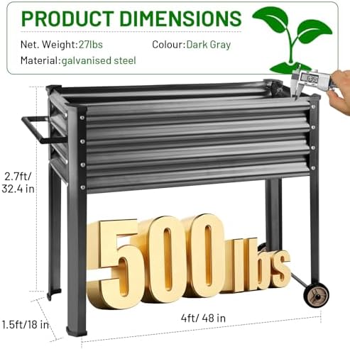 Land Guard 2 Pack Galvanized Raised Garden Bed with Legs & Wheels, 48×18×32in Metal Elevated Raised Planter Box for Backyard, Patio, Balcony, 500lb Capacity, Dark Grey - Image 3