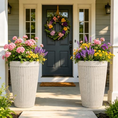 2-Pack 20" Vintage Ivory Resin Tall Planters with Fluted Texture by Ultym
