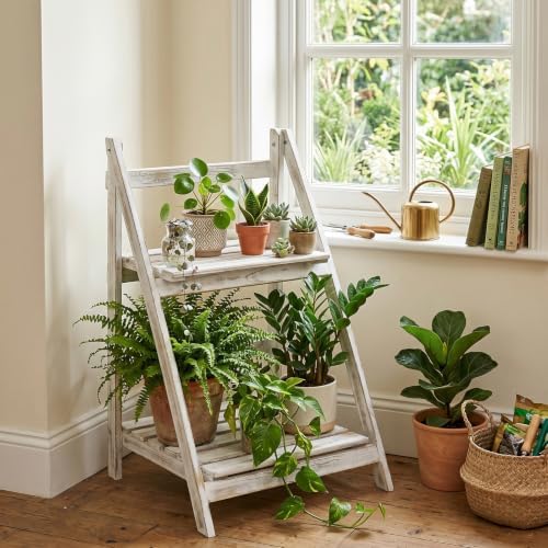 MyGift 2 Tier Whitewashed Wood Plant Stand, Foldable Display Shelf - Image 2
