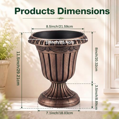 Zhehao 4 Pcs 10 x 12 Inches Brushed Copper Plastic Urn Planter Classic Flower Pots Front Porch Planters Indoor Outdoor Planters with Pedestal for Wedding Party Bridal Shower Garden Patio Porch - Image 2