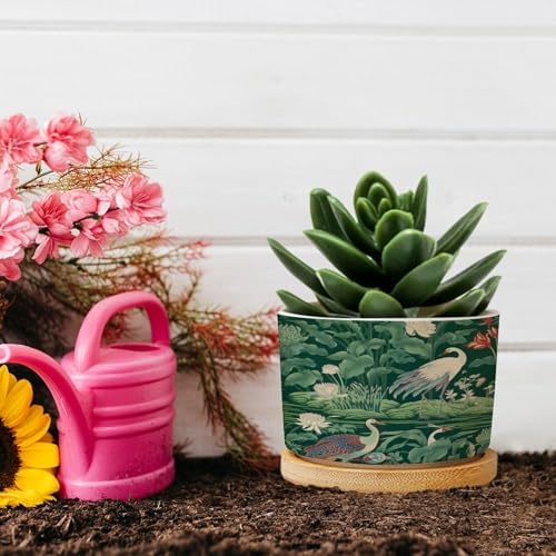 Garden Green Planter Ceramic Pink Peony Pond Geese Round Flower Pot with Drainage Holes and Bamboo Tray Pot for Pots Outdoor Indoor Plants - Image 5