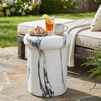 Christopher Knight Home 18.11 Inch Sculptural MGO Side Table Modern Round End Table Faux Travertine Indoor Outdoor Pedestal Accent Table, White Marble Finish by ChristopherKnightHome