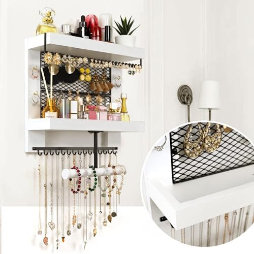 Pinzoveco Hanging Jewelry Organizer Wall Mounted With Wall Jewelry Organizer Holder For Necklaces Bracelet Earrings Ring (White) - Image 6