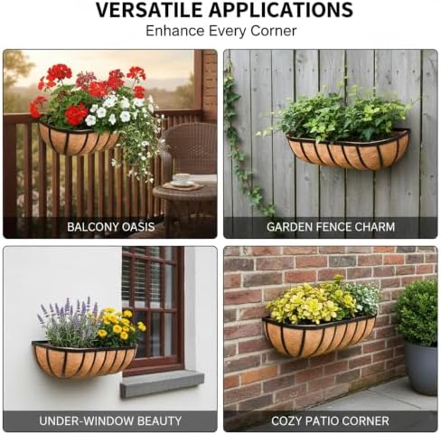 16“ Window Box Railing Planter with Coco Liner Metal Wall-Mounted Coconut Liner Planter Basket English Horse Trough Planters for Outdoor Deck Balcony Porch Fence Patio Black (2 Pack) - Image 7