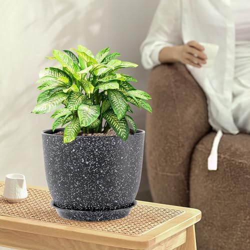 WSMKSZ Large Flower Pots 12/10/9 inch, Set of 3 Modern Decorative Plastic Planters with Drainage Holes and Saucers for Garden House Plants, Plant Pots for Indoor Outdoor Plants, Speckled White - Image 2