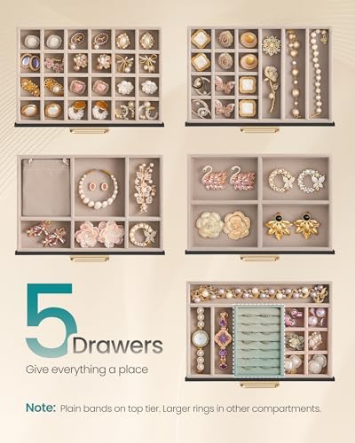 SONGMICS 5-Layer Jewelry Box with Glass Window, 5 Drawers, Golden Handles - Image 4