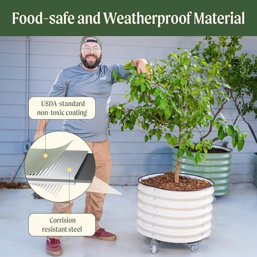 Rolling Metal Citrus Tree Planter Pot, 27″ Round Planter Box for Porch Patio & Backyard, 45 Gallon Large Planter Pot with Wheels for Growing Olive Trees Tomatoes Vegetables and Flowers, Olive Green - Image 5
