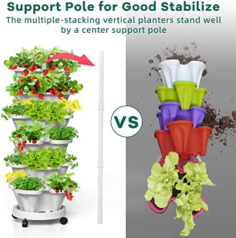 6 Tiered Strawberry Vertical Planters 2 Pack, Stacking Tower Garden with Support Pole, Stackable Herb Vegetable Planter Indoor Outdoor White - Image 3
