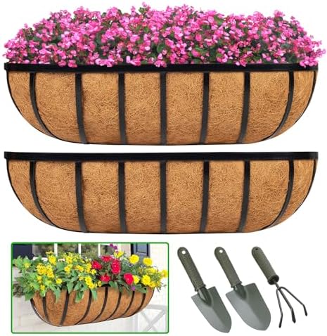 LCHUANG Railing Planter Window Box - 2 Pack 30 Inch Deck Balcony Rail Planter with Coconut Coir Liner, Fence Metal Hanging Flower Planter Basket Deck Railing Planter Boxes for Outdoor Garden by LCHUANG