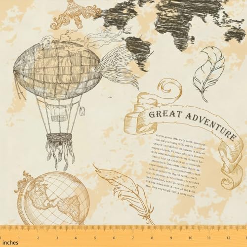 World Map Fabric By The Yard, Retro Airship Upholstery Fabric for Chairs, Old Newspaper Globe Decorative Fabric, Adventure Theme Indoor Outdoor Fabric, Waterproof Fabric, Brown, 5 Yards by Erosebridal