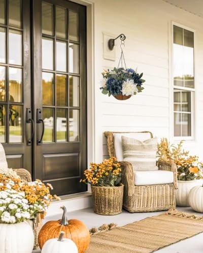 Hollyone 13" Fall Hanging Baskets Medium Pumpkins Hydrangea Dahlia Artificial Flowers Fall Hanging Decor Fake Flower Blue White Faux Plants Indoor Outdoor Porch Garden Autumn Decorations for Home - Image 5