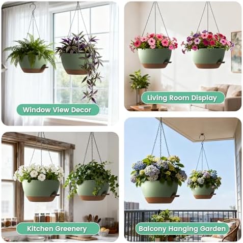 UOUZ 13 Inch 2 Pack Large Self Watering Hanging Planters for Indoor Outdoor Plants, Hanging Plant Pots with Removable 50 Oz Reservoir, Plastic Hanging Basket for Window Porch Garden, Green with Brown - Image 6
