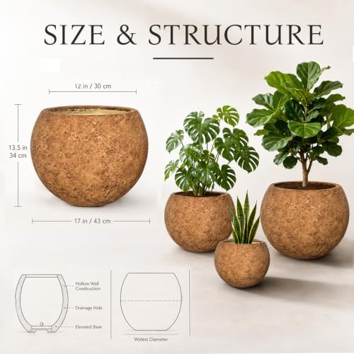 13.5" H x 17"Dia Brown Fiberstone Planter Pot with Drainage Hole, Large Round Handcrafted Decorative Flower Pot for Indoor Outdoor Plants, Rustic Stone-Look Planter for Patio, Porch, Garden&Home Décor - Image 4