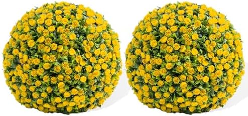15.7 Inch Artificial Hanging Topiary Balls Set of 2, Faux Flower Balls for Garden Patio Wedding Valentine's Day Decor, Outdoor Indoor Hanging Decorations for Porch Front Door Party, Yellow by Unknown