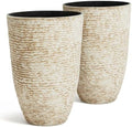 Worth 9 Gallon Tall Round Planters Set of 2-14" Dia x 21" H Stone Finish Flower Pots Indoor Decorative Container Garden Patio Unbreakable Beige by WORTH