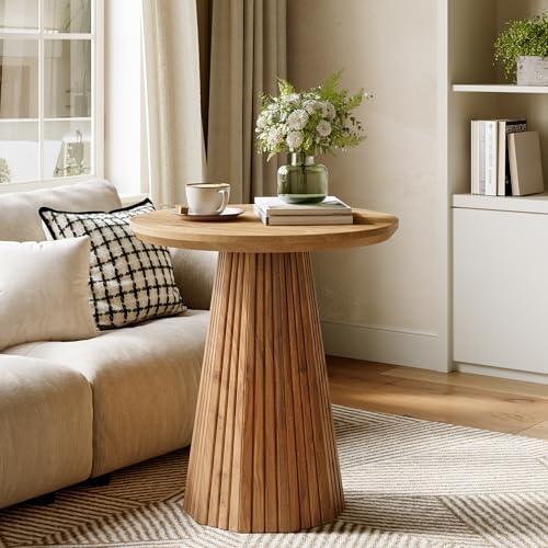 Solid Wood End Table Set of 2, 19" Small Round Pedestal Side Table with Fluted Base, Farmhouse Bedside Table for Living Room, Small Space - Image 3