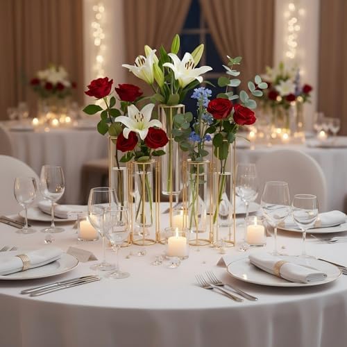 Gold Vases for Centerpieces, Test Tube Flower Vase with 5 Test Tubes, Gold Flower Vase with Metal Stand Racks Hydroponic, Glass Hinged Propagation Plant Vase for Wedding Table Home Decor - Image 2