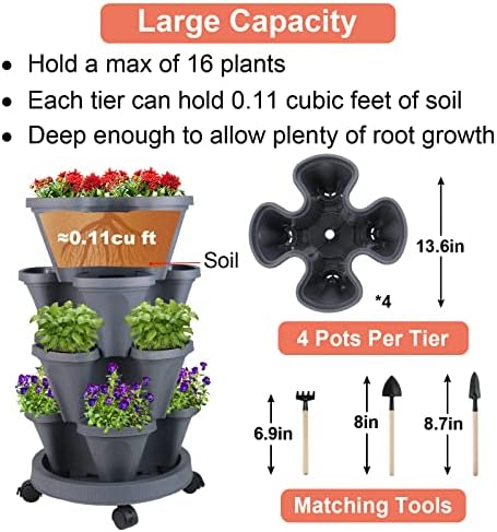 GameXcel Vertical Planter Tower - 4 Tier Stackable Garden Planters with Wheels and Tools Plant Pots for Strawberry Herb Flower and Vegetable Indoor Outdoor Use Dark Gray - Image 5