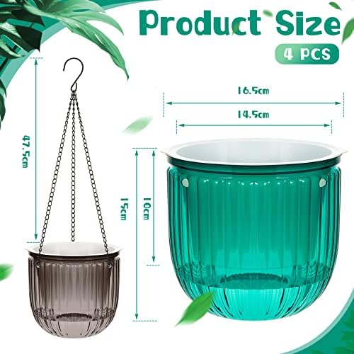 Meanplan 4 Pcs Self Watering Hanging Planter Indoor 6.5 Inch Hanging Baskets for Plants Outdoor Plastic Flower Pot with 3 Hooks Chains Drainage Holes for Garden Home, Medium Size(Emerald, Gray) - Image 2