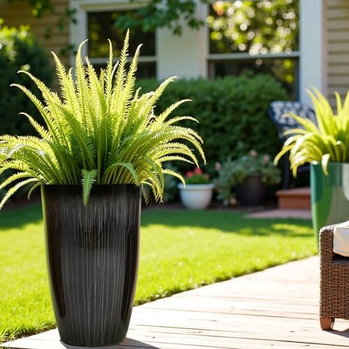 Worth Garden 23.5" H. Large Plastic Planters - Set of 2 Gradient Black Glossy Smooth Finish - Tall Plant Pots for Indoor & Outdoor Use - Decorative Lightweight Flower Pots for Front Porch, Patio, Deck - Image 3