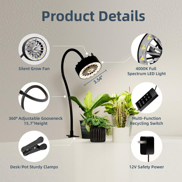 Full Spectrum LED Grow Light with Built-in Cooling Fan, Clip on Plant Lights for Indoor Plants, 2/4/8/12H Auto Timer, 3 Dimmable Levels, CRI 90+ Lamp for Plant Shelves & Succulents 1 Pack - Image 2