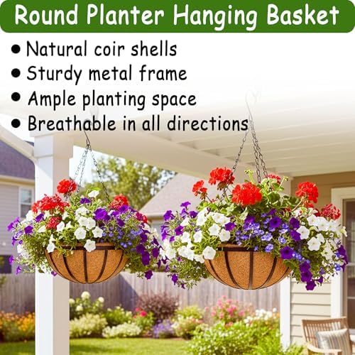 4pcs 14 inch Metal Hanging Baskets Round Wire Plant Stand with Coco Lining Cushion Decorative Planter Hanger Garden Indoor Outdoor Watering Hanging Basket （BT） - Image 3