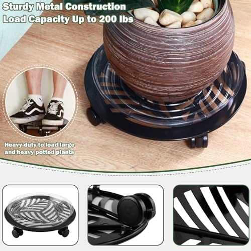 3 Packs Large Metal Plant Caddy with PU Wheels 12"/ 13"/ 13.6" Heavy-Duty Wrought Iron Rolling Plant Stands Indoor Outdoor Wheeled Plant Dolly Planter Mover Rollers Plant, Leaf Style - Image 3