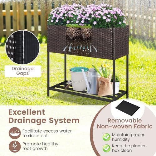 Giantex Raised Garden Bed with Legs, 28" x12" Rattan Elevated Planter Box w/Storage Shelf, Removable Liner, Drainage Gaps for Vegetables, Flowers & Herbs, Outdoor Planting Stand for Backyard, Patio - Image 5