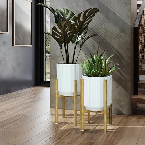 LuxenHome PSet of 2 White Planter with Gold Metal Stand - Image 3