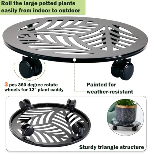 4 Packs Large Metal Plant Caddy with PU Wheels 13" Heav-Duty Wroght Iron Rolling Plant Stands Indoor Outdoor Wheeled Plant Dolly Planter Mover Rollers Plant Trolley Cart, Plant Saucers Included - Image 7
