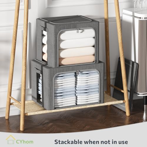 CYhom 3Pack Foldable Storage Bins - Frame Storage Box Linen Fabric Stackable Clothes Container Organizer with Clear Window & Carry Handles Large Capacity (Extra Large-100L, Dark Gray) - Image 6