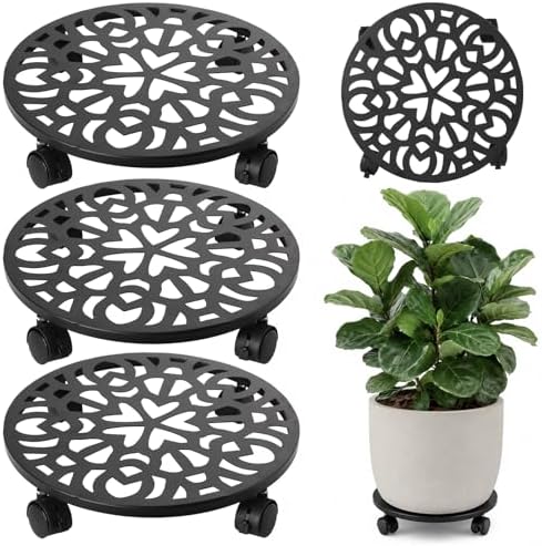 3 Pack Plant Caddy with Wheels, 12 inch Plant Stand with 2 Locking Casters Heavy Duty Metal Plant Dolly Roller for Indoor Outdoor Flower Pots, Rolling Plant Tray Wheeled Planter Mover Trolley by Unknown
