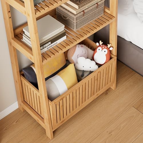 Bamjoy Bamboo Ladder Shelf, Bookshelf with 4 Display Shelves and 1 Open Storage Basket, Multifunctional Storage Rack Organizer for Home Office, Bedroom, Living Room, 66” H Natural - Image 5
