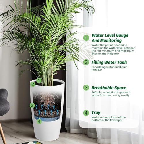 Self-Watering Tall Planter Set – 2 Large 21.7" Plastic Flower Pots with Drainage, Water Level Gauge, Built-in Handle – for Indoor & Outdoor, Patio, Porch, Living Room, Office – White - Image 5