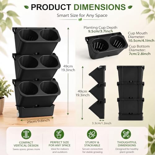 Briwooody 3 Set 6 Pocket Vertical Stackable Wall Planters Kit Outdoor Self Watering Plastic Planter Grow Hang Mount System for Strawberry Flower Vegetable Home Fence Balcony Wall Decor - Image 2