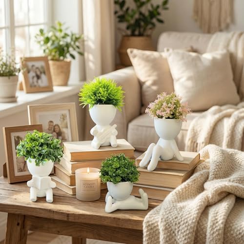 4 Packs Creative Small Fake Plants Artificial Succulents in Ceramic Human Shaped Pots Cute Office Plants For Desk Home Decor Funny Premium Ceramic Faux Succulent Perfect Humorous Gift Idea (4, white) - Image 3
