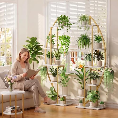 BACEKOLL Plant Stand Indoor with Grow Lights, 6 Tiered Tall Plant Shelf, 63" Metal Plant Stand for Indoor Plants Multiple, Half-Moon Plant Rack Display Shelf, 2 Pcs Plant Holder for Living Room (Faux Marble White + Gold) - Image 5