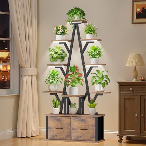 Plant Stand Indoor with Grow Lights - 10 Tiered Plant Shelf with 2 Removable Drawers, 65" Tall Plant Shelf with Grow Light Holds 13 Pot Plants, Christmas Tree Shaped Plant Stand for Home, Living Room by InEveryCornerNaturesCalm