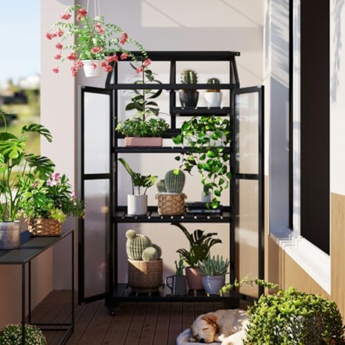 Wooden Greenhouse, Cold Frame Portable Greenhouse with Wheels and Adjustable Shelves for Indoor Outdoor Patio Balcony Garden, 31.5" Lx22.4 Wx62 H, Black (White) - Image 2