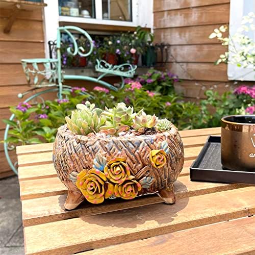 6.3 Inch Succulent Pot Handmade Flower Design Round Ceramic Antique Plant Pot Cactus Pot Planter with Drainge and Mesh Pad (Yellow) - Image 2