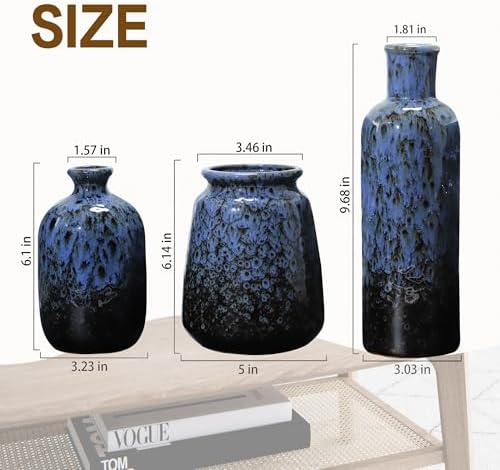 Ceramic Vase Set of 3, Small Rustic Flower Vases for Home Decor, Navy Blue - Image 5