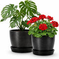 Kin 'n' Kind Set of 2 Minimalist Plant Pots (6.5" & 5.5") – Modern Indoor Planters with Drainage & Saucers & Plugs – Durable Eco-Conscious Composite, Indoor/Outdoor – Marin Night Black by KinnKind