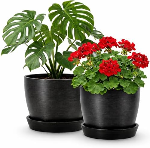 Kin 'n' Kind Set of 2 Minimalist Plant Pots (6.5" & 5.5") – Modern Indoor Planters with Drainage & Saucers & Plugs – Durable Eco-Conscious Composite, Indoor/Outdoor – Marin Night Black by KinnKind