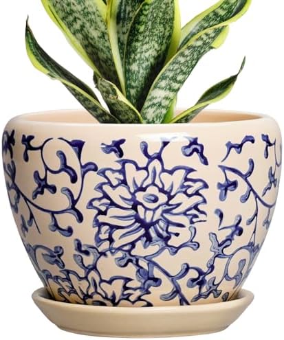 6 Inch Plant Pot, Ceramic Planters for Snake Plants, Retro Blue by Thirtypot