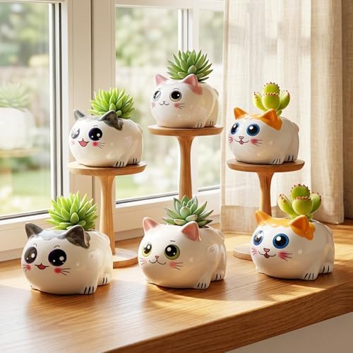 Cat Succulent Pots Set of 6 - Small Ceramic Animal Planters with Drainage - Image 5