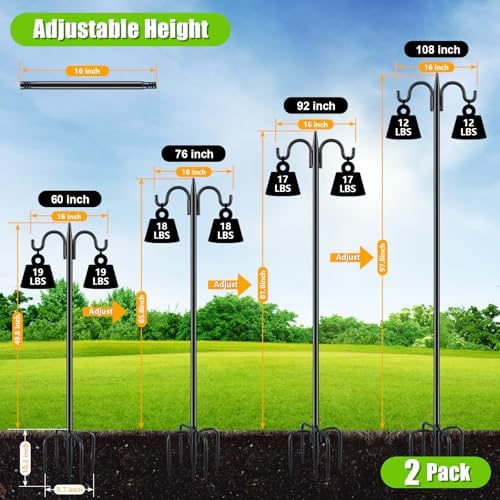 Gtongoko Bird Feeder Pole for Outdoors Heavy Duty, 2 Pack 92 Inch Double Shepherds Hook with 5-Prong Stable Base, 3/4 Inch Thick Hummingbird Feeder Stand for Hanging Plants, Lanterns - Image 2