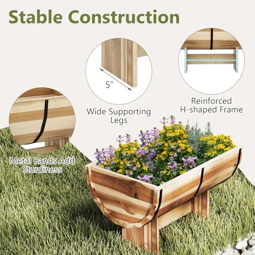 S AFSTAR 2 Pieces Acacia Wood Raised Garden Beds, Half-Barrel Planter Box with Legs, Drainage Gaps & Metal Bands, Rustic Plant Box Decorative Elevated Flower Pot for Indoor & Outdoor - Image 5
